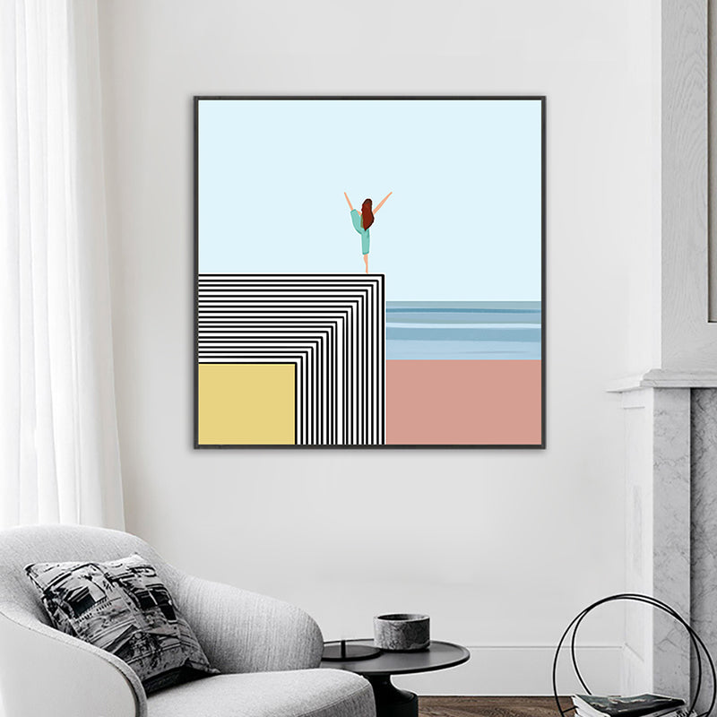 Vivolux | Nordic Morning Yoga Canvas Art Blau-Orange Strandlandschaft Wanddekor für Hausinterieur