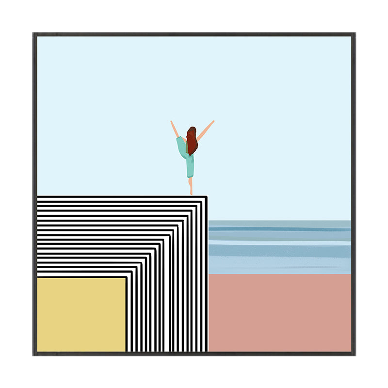 Vivolux | Nordic Morning Yoga Canvas Art Blau-Orange Strandlandschaft Wanddekor für Hausinterieur