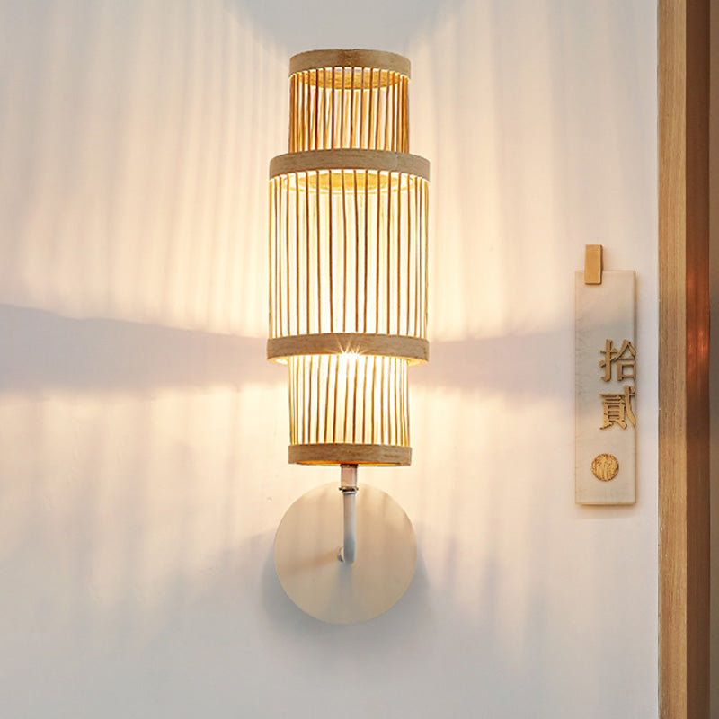 Vivolux | Zylinder Wandlampe Leuchte Asiatischer Stil Bambus Einzelne Glühbirne Holz Wandbeleuchtung mit Gebogenem Arm für Restaurant