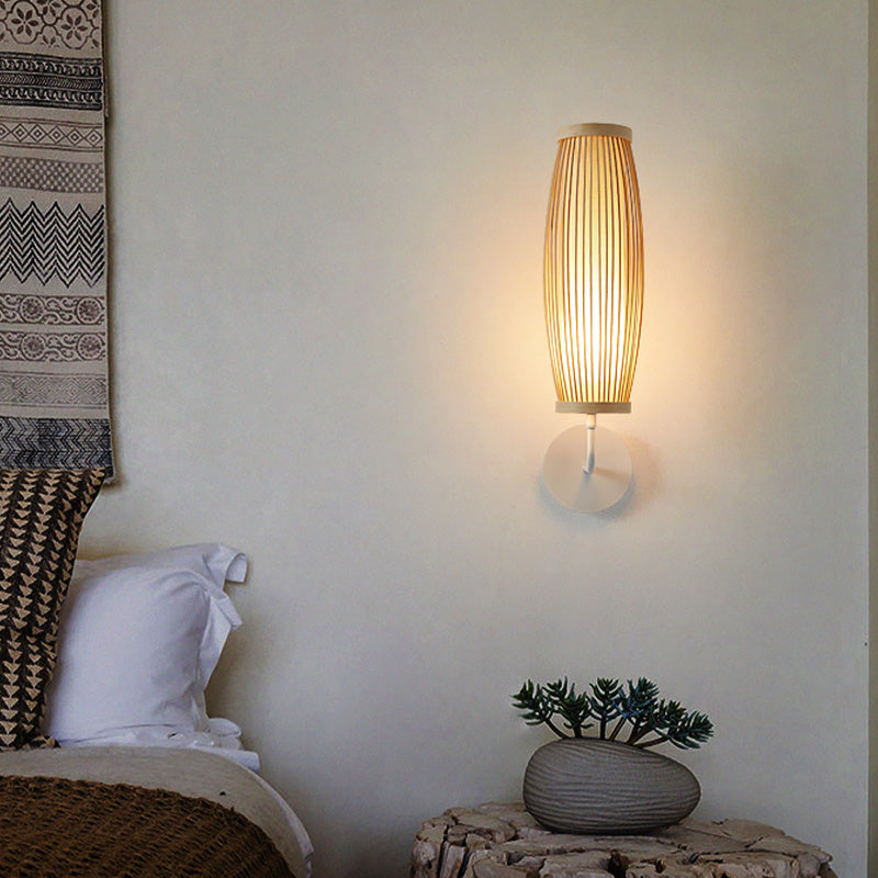 Vivolux | Beige Ellipsoïde Wandlamp Sconces Aziatische Stijl Enkele Gloeilamp Bamboe Wandverlichting voor Slaapkamer