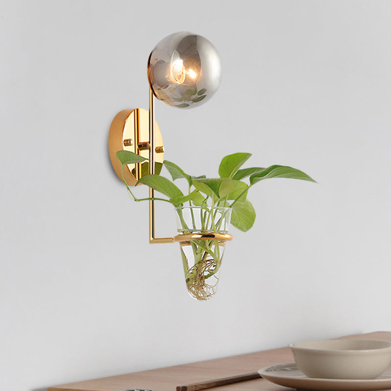 Vivolux | 1 Glühbirne Wandlampe Industrie Global Creme/Rauchgrau Glas Wandlicht in Schwarz/Gold mit klarem Glas Pflanzenbecher
