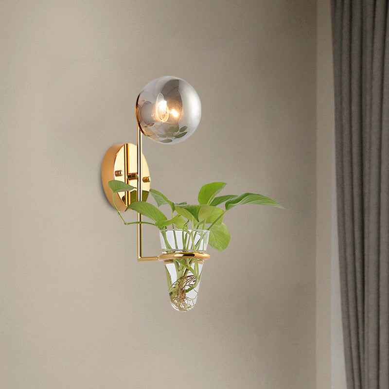 Vivolux | 1 Glühbirne Wandlampe Industrie Global Creme/Rauchgrau Glas Wandlicht in Schwarz/Gold mit klarem Glas Pflanzenbecher
