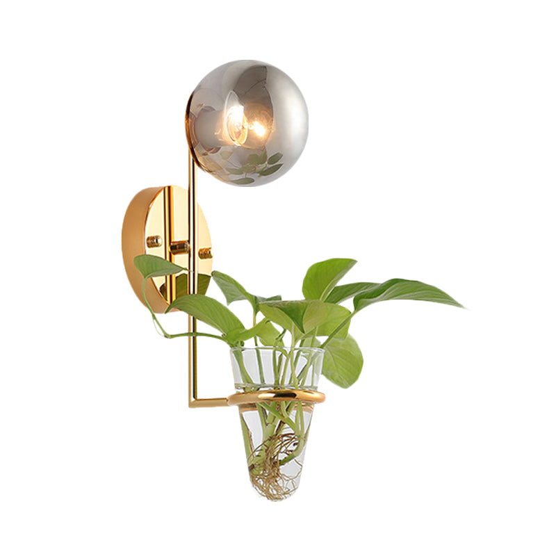 Vivolux | 1 Glühbirne Wandlampe Industrie Global Creme/Rauchgrau Glas Wandlicht in Schwarz/Gold mit klarem Glas Pflanzenbecher