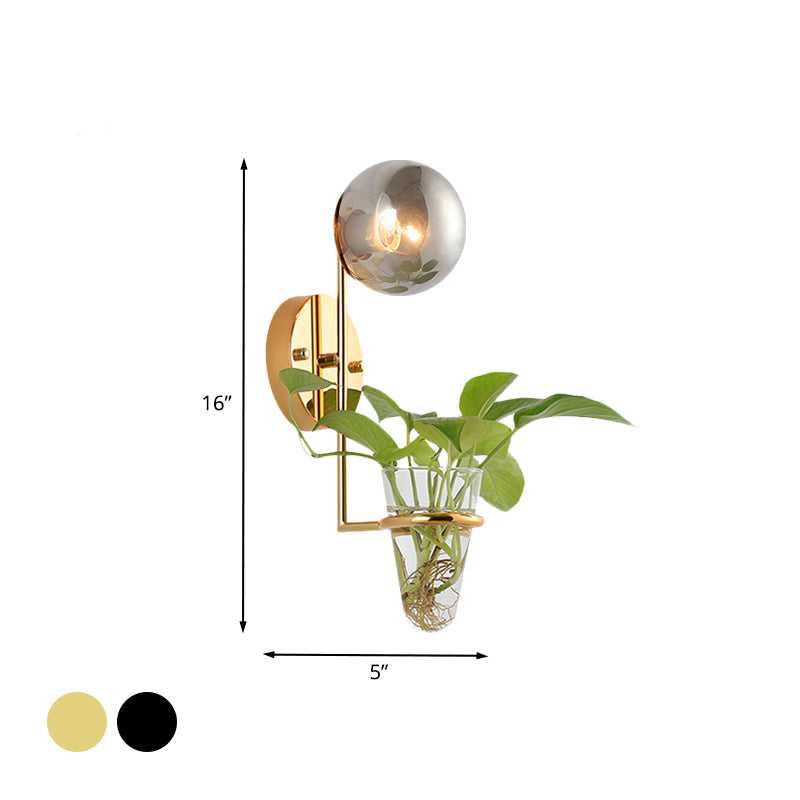Vivolux | 1 Glühbirne Wandlampe Industrie Global Creme/Rauchgrau Glas Wandlicht in Schwarz/Gold mit klarem Glas Pflanzenbecher