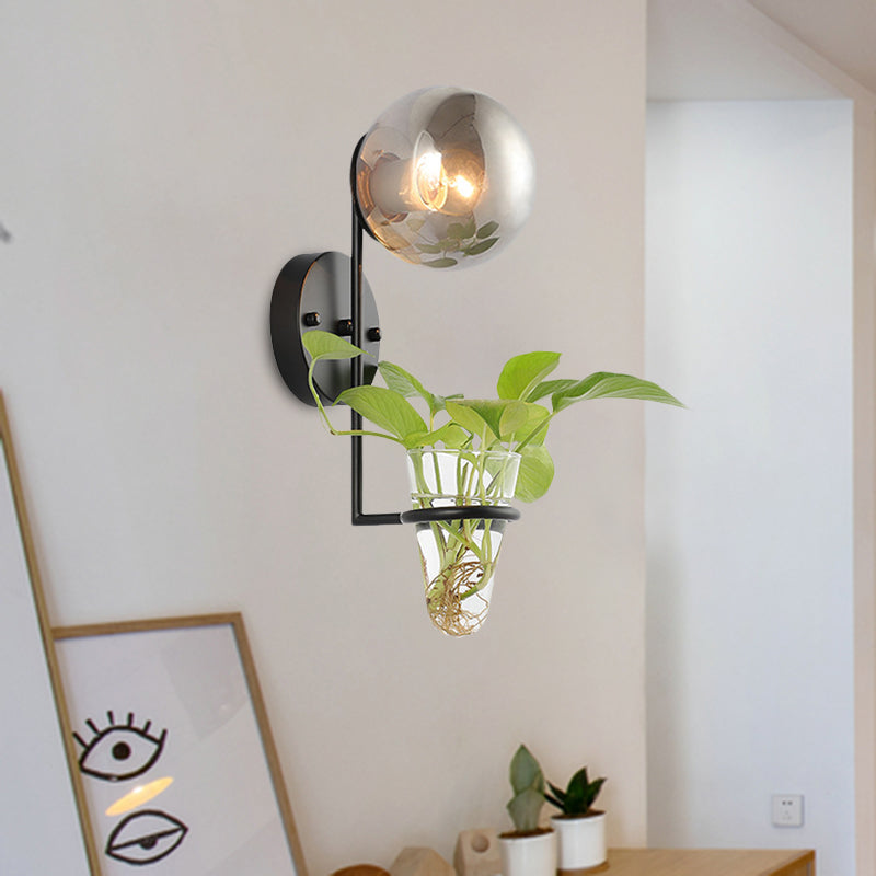 Vivolux | 1 Glühbirne Wandlampe Industrie Global Creme/Rauchgrau Glas Wandlicht in Schwarz/Gold mit klarem Glas Pflanzenbecher