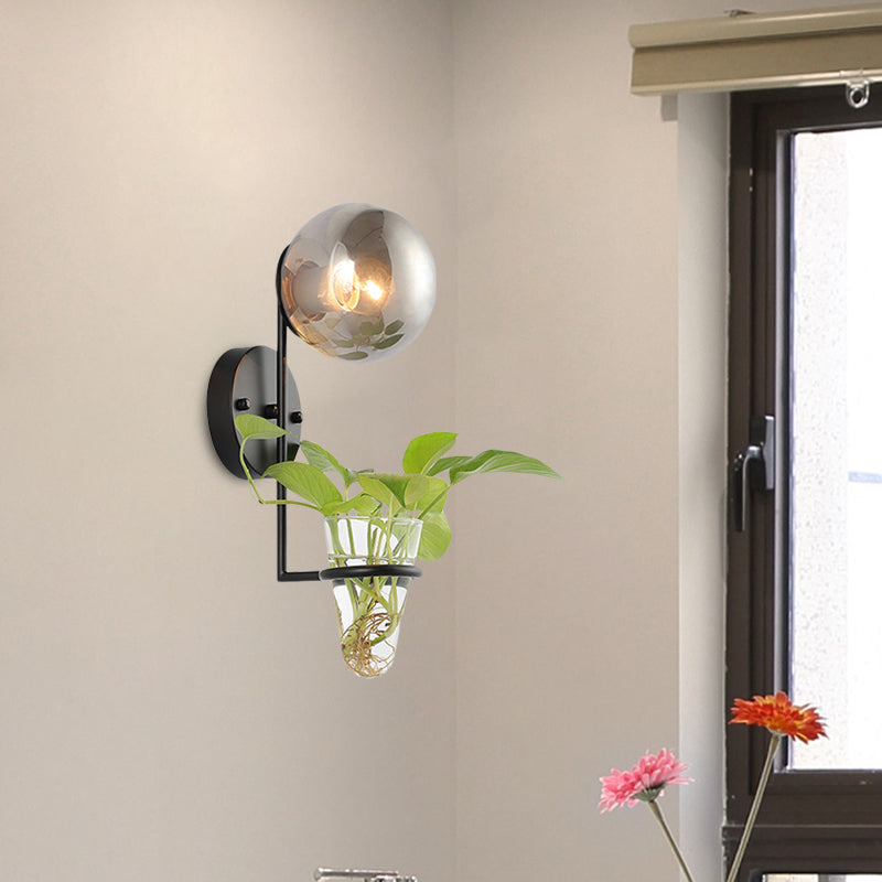 Vivolux | 1 Glühbirne Wandlampe Industrie Global Creme/Rauchgrau Glas Wandlicht in Schwarz/Gold mit klarem Glas Pflanzenbecher