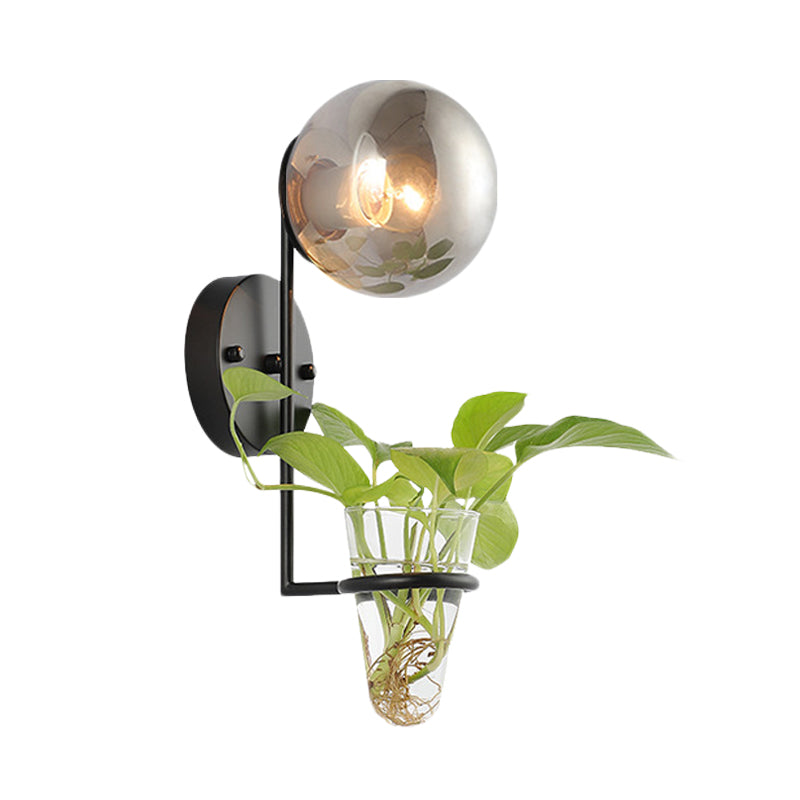 Vivolux | 1 Glühbirne Wandlampe Industrie Global Creme/Rauchgrau Glas Wandlicht in Schwarz/Gold mit klarem Glas Pflanzenbecher