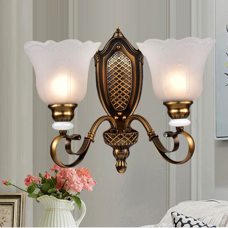 Vivolux | Retro Floral Wandleuchte 1/2-Licht Weißes Glas Wandmontierte Leuchte mit Metallgewendelarm in Bronze