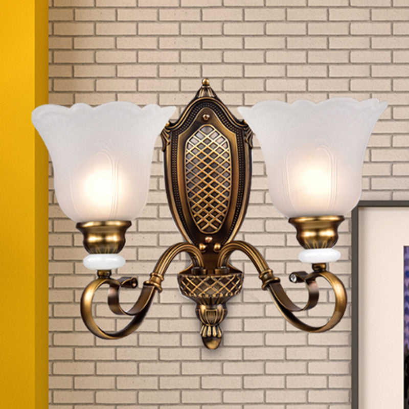 Vivolux | Retro Floral Wandleuchte 1/2-Licht Weißes Glas Wandmontierte Leuchte mit Metallgewendelarm in Bronze