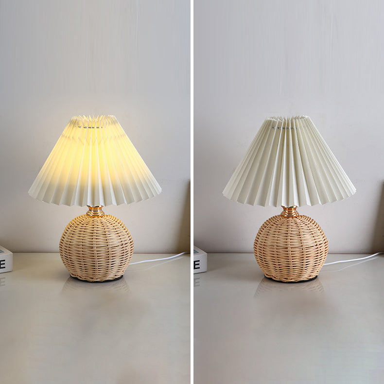Vivolux | RattaLume Nordic LED Tischlampe | Geflochtenes Rattan & Faltstoffschirm | Stimmungslicht | Deko fürs Schlafzimmer