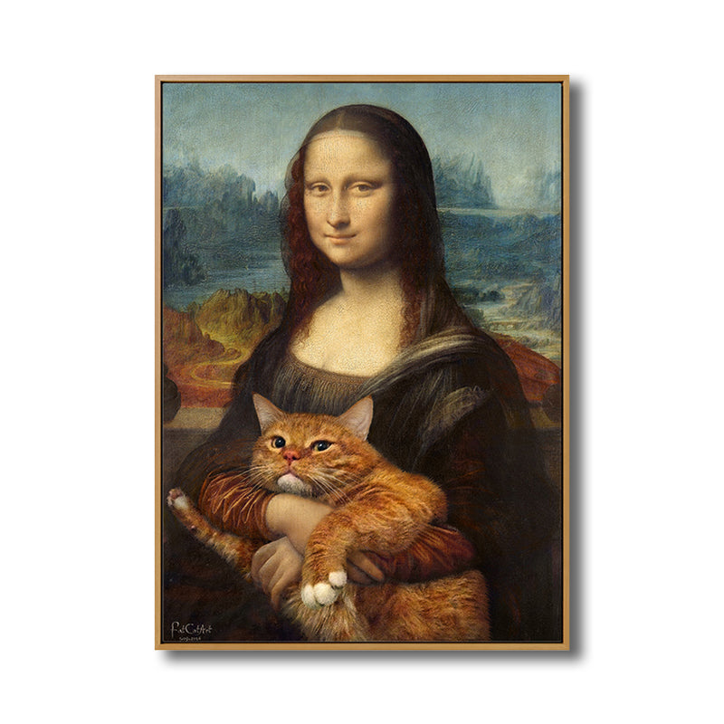 Vivolux | Schwarze moderne Wandkunst Spoof-Zeichnung Mona Lisa mit ihrer Katze Leinwanddruck für das Schlafzimmer