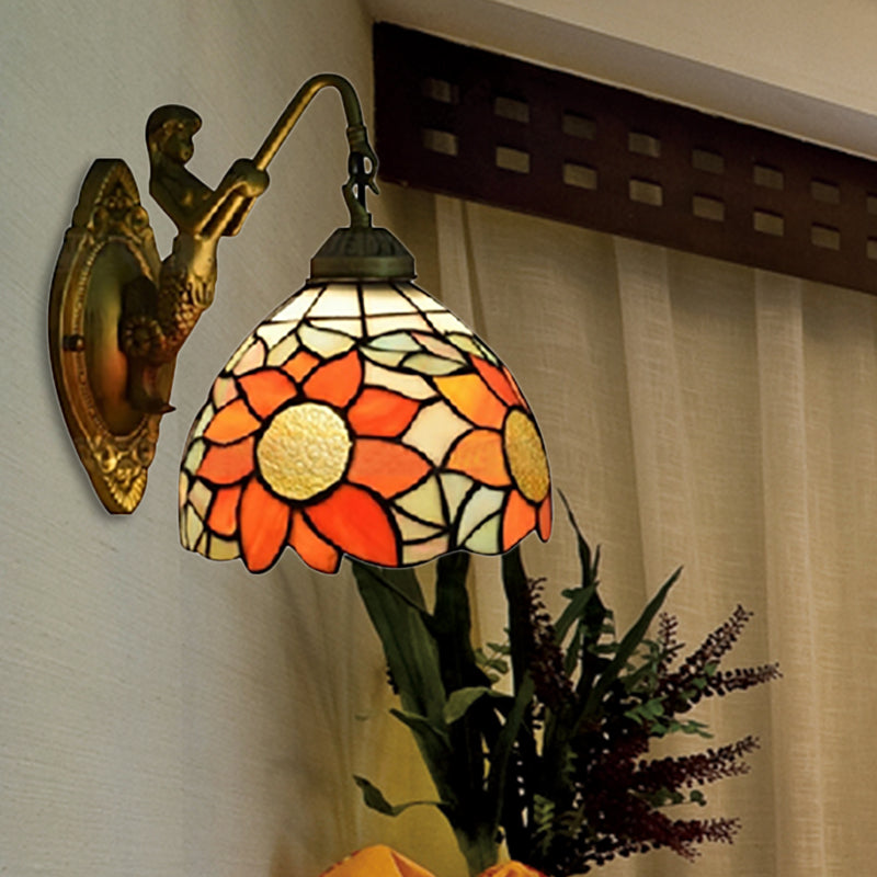 Vivolux | 1 Kopf Flur Wandmontierte Licht Tiffany Orange Wandlampe mit Sonnenblume Buntglasschirm