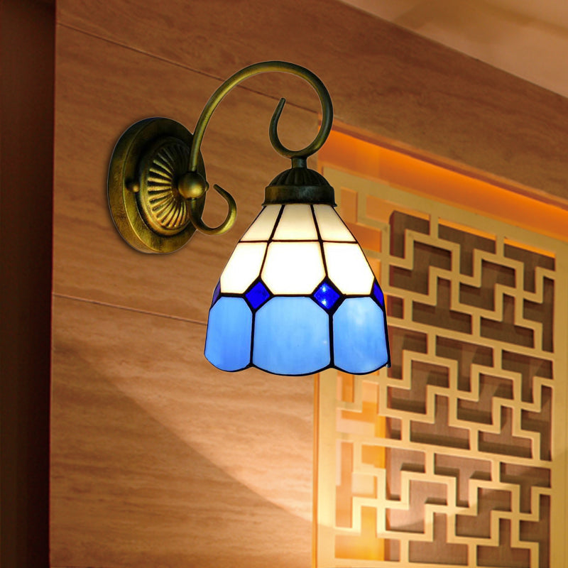 Vivolux | 1 Kopf Schüssel Wandlicht Leuchte Tiffany Orange/Blau/Rosa Glas Wandleuchte mit gebogenem Arm für Flur