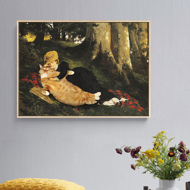Vivolux | Tier-Canvas-Wandkunst Lustiges Spoof-Mädchen und Katze im Wald Gemälde in Braun für das Zimmer