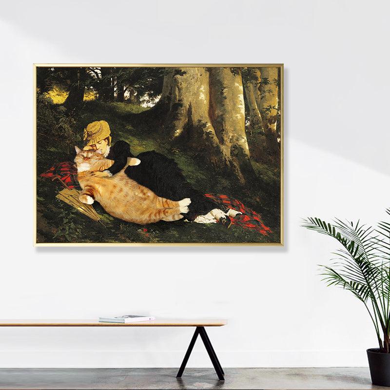 Vivolux | Tier-Canvas-Wandkunst Lustiges Spoof-Mädchen und Katze im Wald Gemälde in Braun für das Zimmer