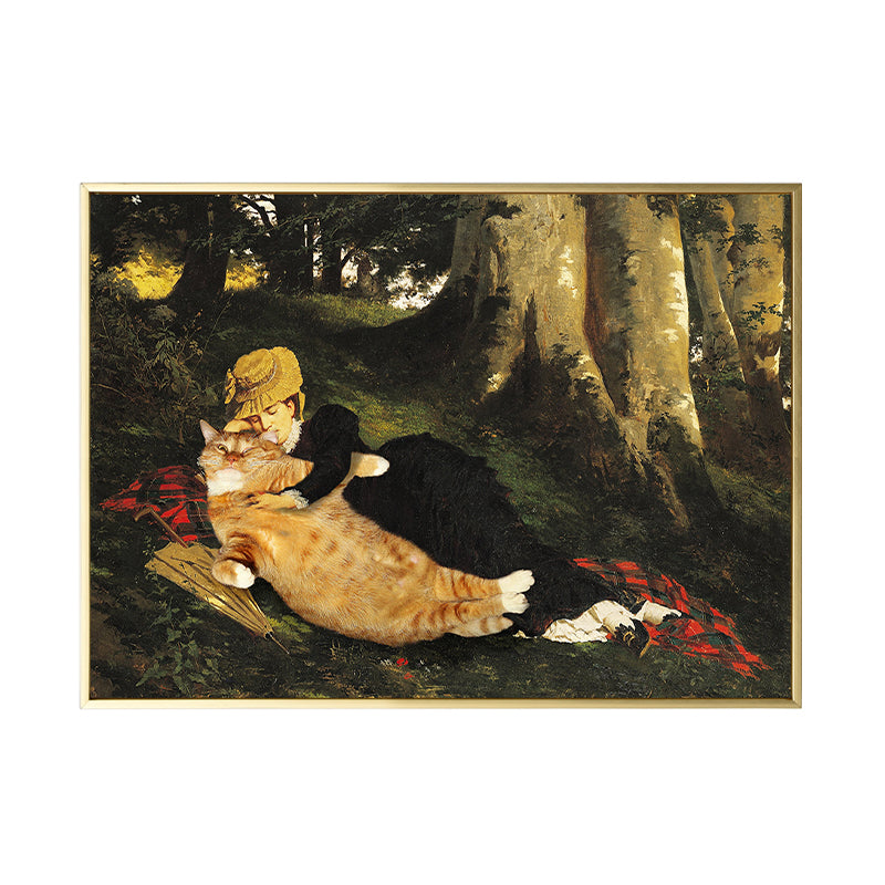 Vivolux | Tier-Canvas-Wandkunst Lustiges Spoof-Mädchen und Katze im Wald Gemälde in Braun für das Zimmer