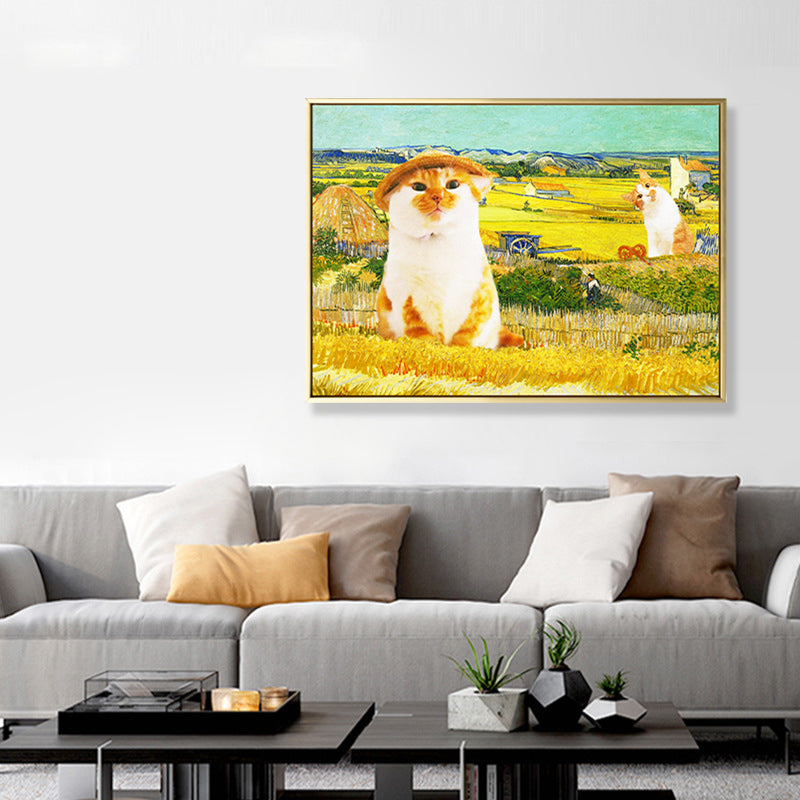 Vivolux | Pop Art Farmer Cat Leinwand Gelbes Haus Innen Wand Dekor, Mehrere Größenoptionen