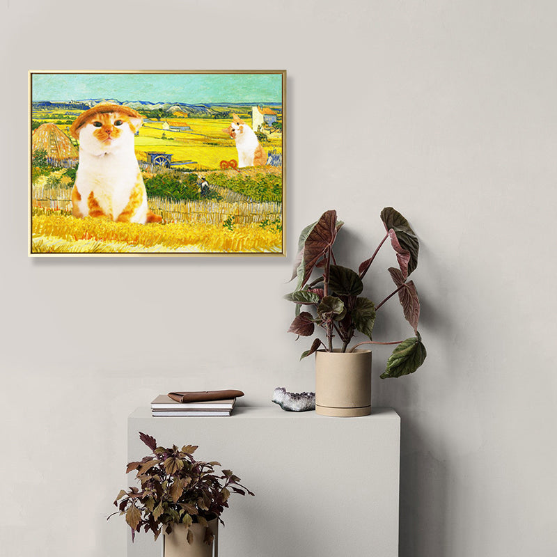 Vivolux | Pop Art Farmer Cat Leinwand Gelbes Haus Innen Wand Dekor, Mehrere Größenoptionen