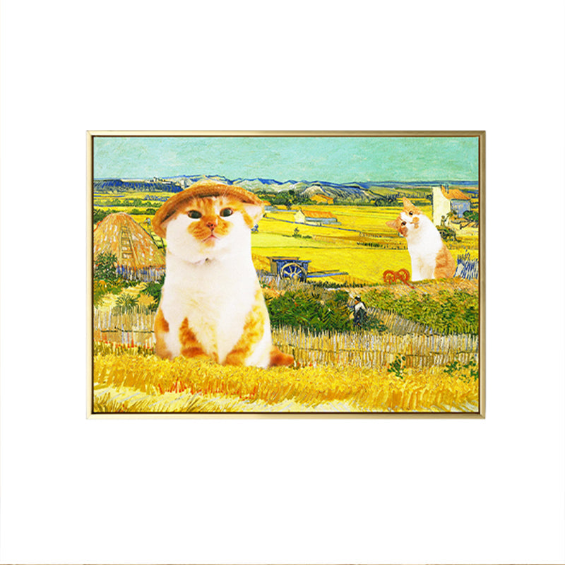 Vivolux | Pop Art Farmer Cat Leinwand Gelbes Haus Innen Wand Dekor, Mehrere Größenoptionen