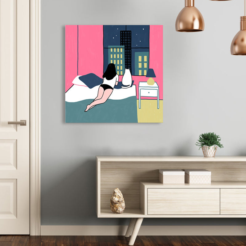 Vivolux | Pink Cat und Girl Grafik Leinwanddruck Strukturierte Wanddekoration für Gästezimmer, Mehrere Größen