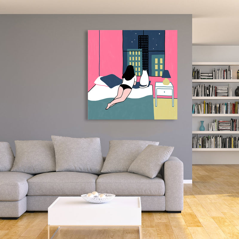 Vivolux | Pink Cat und Girl Grafik Leinwanddruck Strukturierte Wanddekoration für Gästezimmer, Mehrere Größen