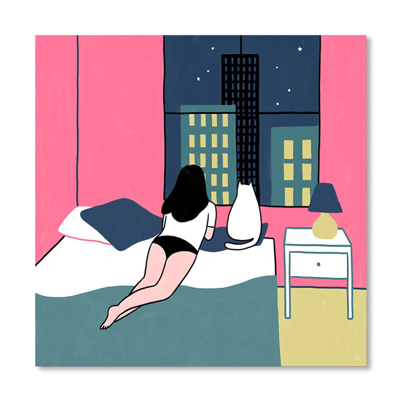 Vivolux | Pink Cat und Girl Grafik Leinwanddruck Strukturierte Wanddekoration für Gästezimmer, Mehrere Größen