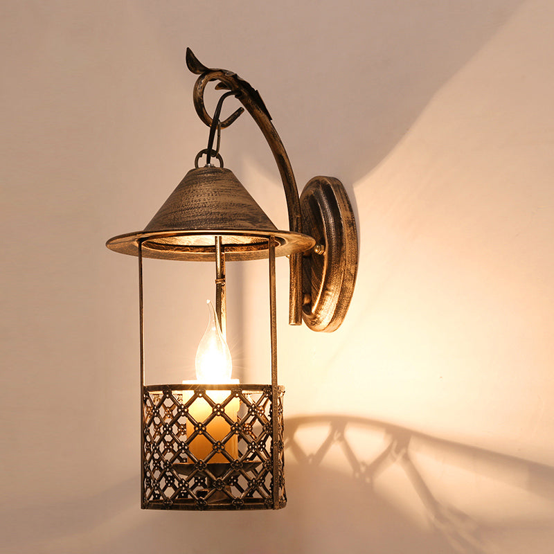 Vivolux | 1 Kopf Laterne Wandleuchte mit flamlosem Kerzen Bauernhaus Stil Messing Metall Wandlampe für Restaurant