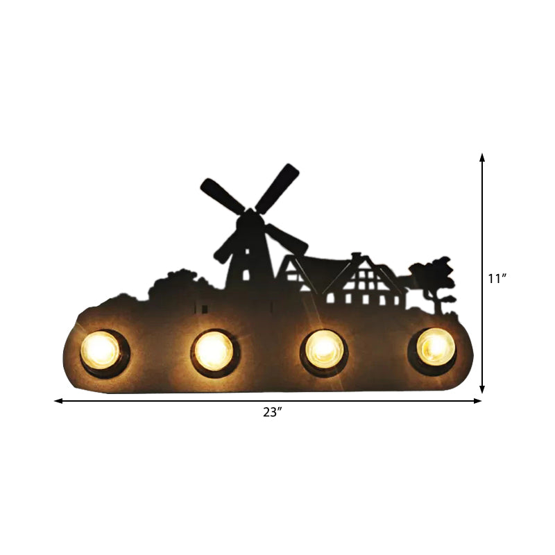 Vivolux | Vintage Förderband Wandleuchte Meta 4 Lichter Schwarz Wandlampe mit Windmühle für Schlafzimmer