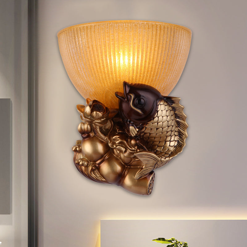 Vivolux | Schale Nachttisch Wandleuchte rustikaler Stil Amberglas 1 Kopf Gold Wandleuchtenidee mit Fisch und Lotus Dekor
