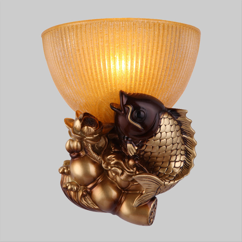 Vivolux | Schale Nachttisch Wandleuchte rustikaler Stil Amberglas 1 Kopf Gold Wandleuchtenidee mit Fisch und Lotus Dekor