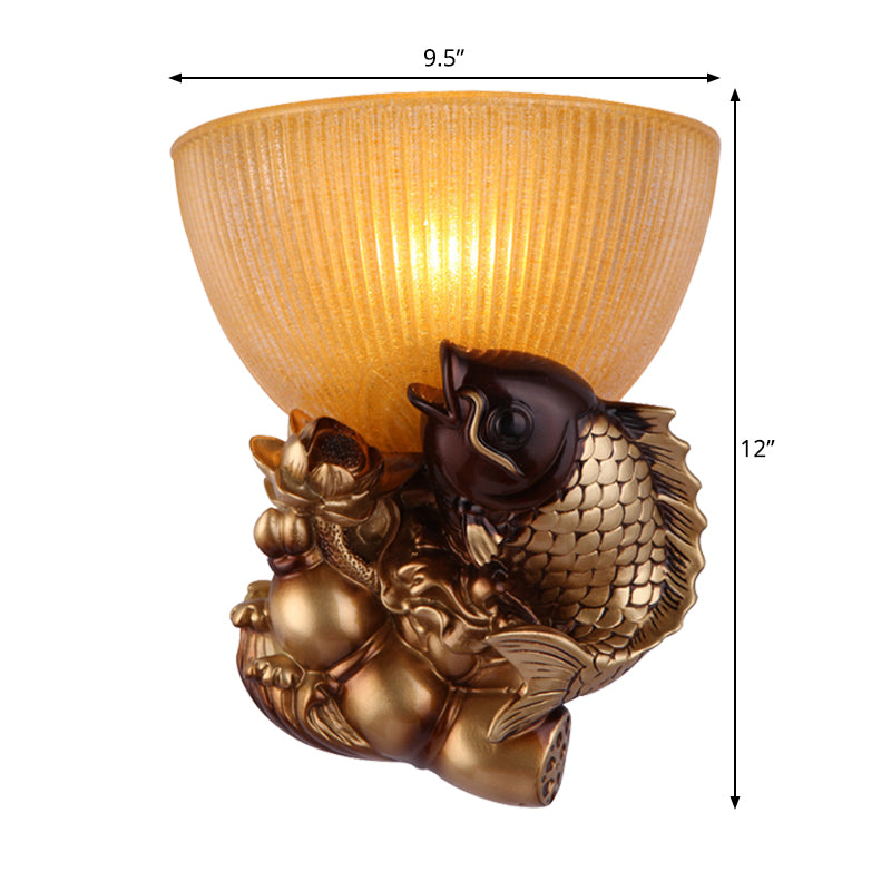Vivolux | Schale Nachttisch Wandleuchte rustikaler Stil Amberglas 1 Kopf Gold Wandleuchtenidee mit Fisch und Lotus Dekor