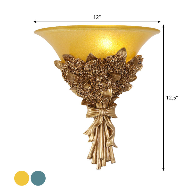 Vivolux | Vintage Brede Bel Muur Gemonteerde Lamp 1 Licht Amber/Melkglas Boeket Muurverlichtingsarmatuur in Goud/Multi-Kleur