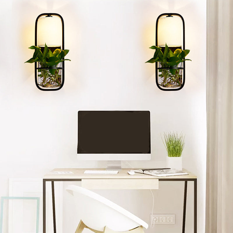 Vivolux | 1 Glühbirne Zylindrische Wandleuchte Lodge Schwarz/Weiß/Gold Stoff Wandlampe mit Warm/Weiß Licht und PflanzenTopf