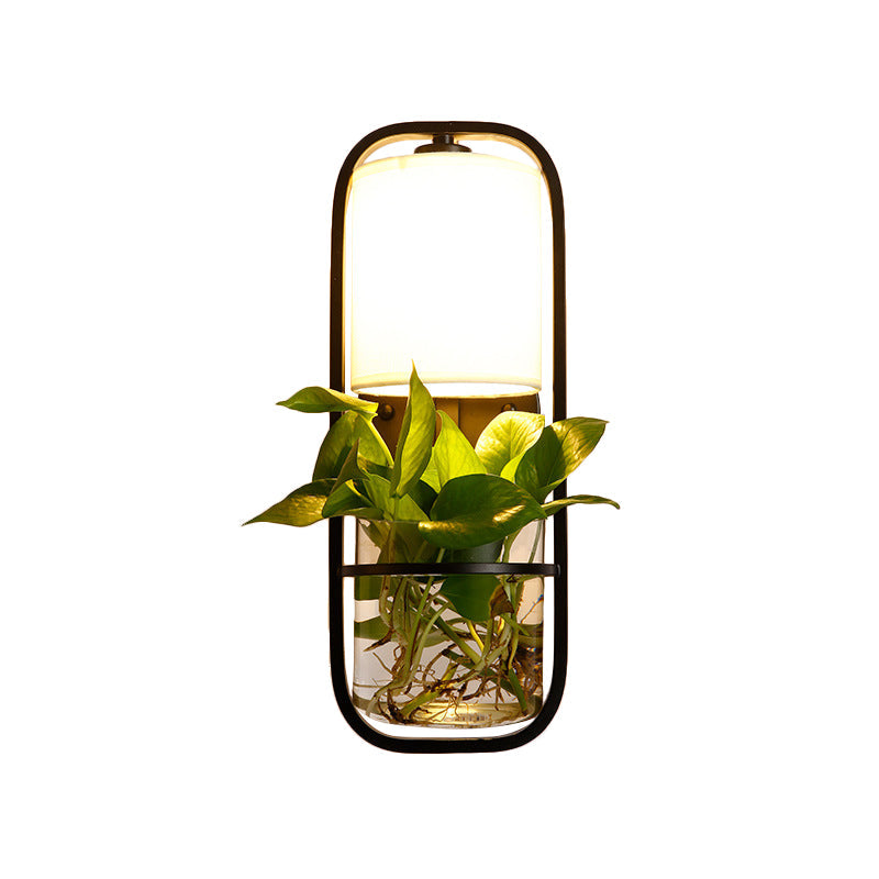 Vivolux | 1 Glühbirne Zylindrische Wandleuchte Lodge Schwarz/Weiß/Gold Stoff Wandlampe mit Warm/Weiß Licht und PflanzenTopf