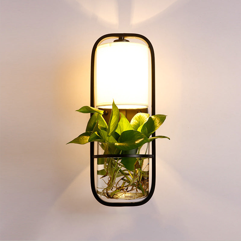 Vivolux | 1 Glühbirne Zylindrische Wandleuchte Lodge Schwarz/Weiß/Gold Stoff Wandlampe mit Warm/Weiß Licht und PflanzenTopf
