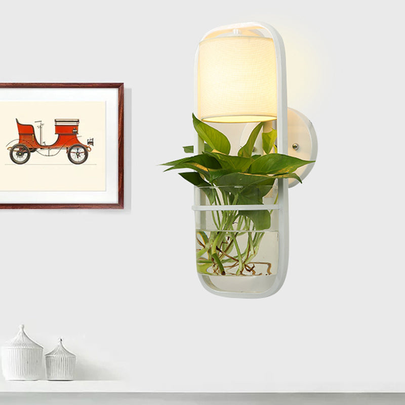 Vivolux | 1 Glühbirne Zylindrische Wandleuchte Lodge Schwarz/Weiß/Gold Stoff Wandlampe mit Warm/Weiß Licht und PflanzenTopf