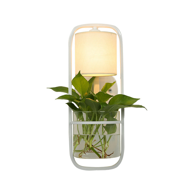 Vivolux | 1 Glühbirne Zylindrische Wandleuchte Lodge Schwarz/Weiß/Gold Stoff Wandlampe mit Warm/Weiß Licht und PflanzenTopf