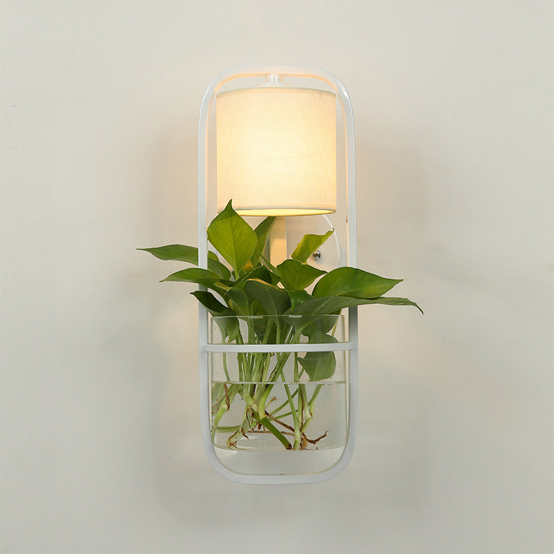 Vivolux | 1 Glühbirne Zylindrische Wandleuchte Lodge Schwarz/Weiß/Gold Stoff Wandlampe mit Warm/Weiß Licht und PflanzenTopf