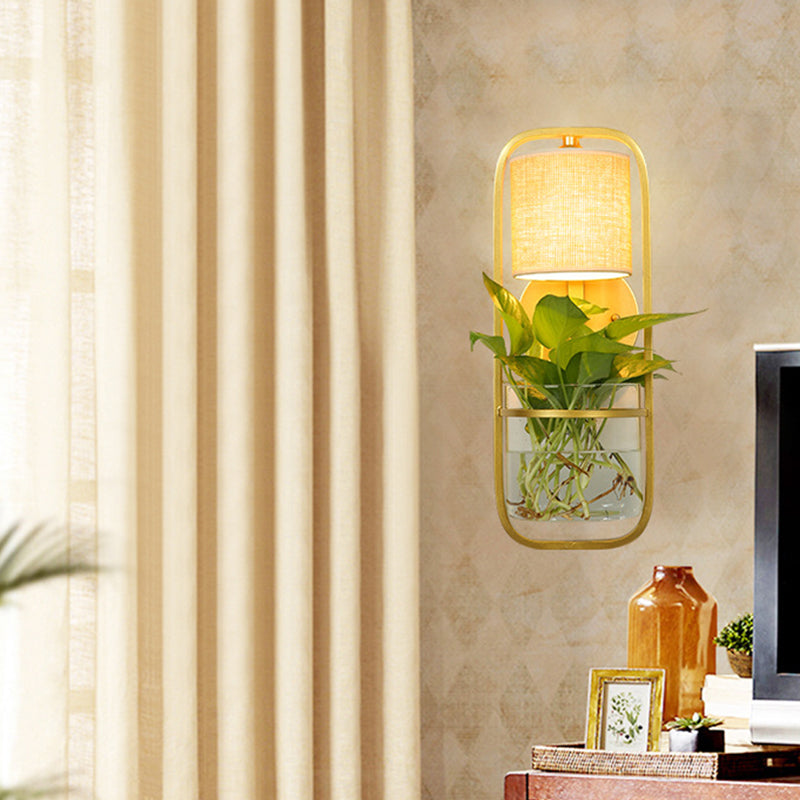 Vivolux | 1 Glühbirne Zylindrische Wandleuchte Lodge Schwarz/Weiß/Gold Stoff Wandlampe mit Warm/Weiß Licht und PflanzenTopf
