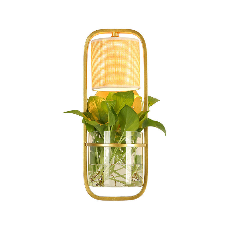Vivolux | 1 Glühbirne Zylindrische Wandleuchte Lodge Schwarz/Weiß/Gold Stoff Wandlampe mit Warm/Weiß Licht und PflanzenTopf