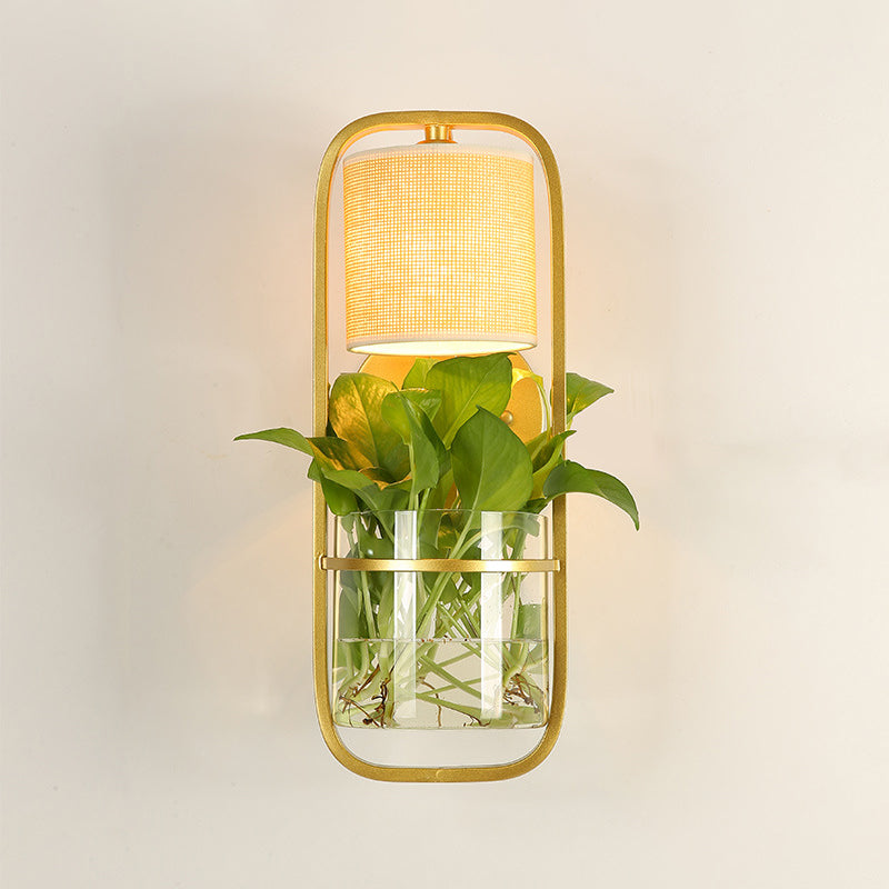Vivolux | 1 Glühbirne Zylindrische Wandleuchte Lodge Schwarz/Weiß/Gold Stoff Wandlampe mit Warm/Weiß Licht und PflanzenTopf