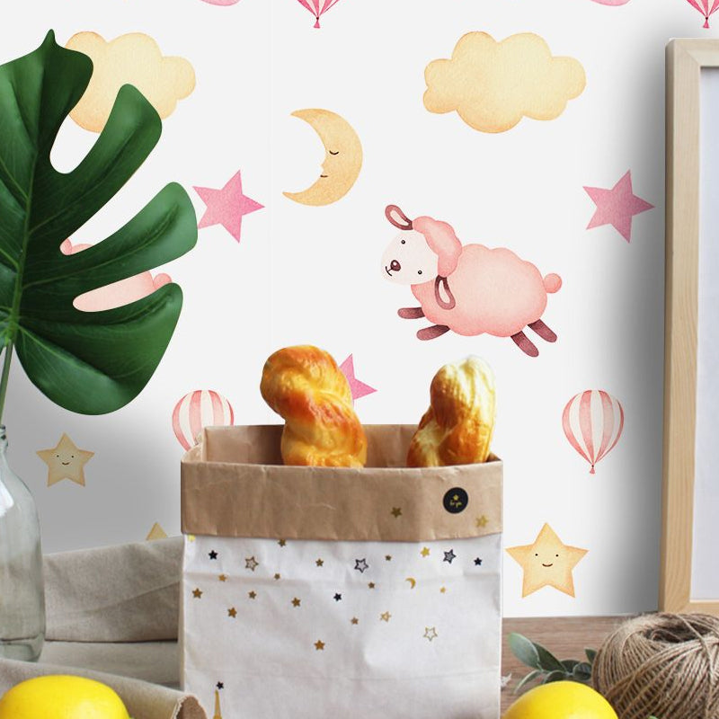 Vivolux | Rosa Schaf Tapete Panel Set Tiermuster Cartoon Abziehbare Wandkunst für das Babyzimmer