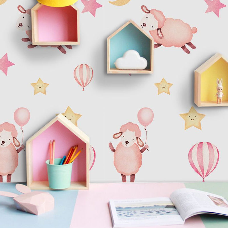 Vivolux | Rosa Schaf Tapete Panel Set Tiermuster Cartoon Abziehbare Wandkunst für das Babyzimmer