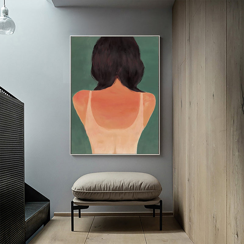 Vivolux | Orange Pop-Art-Wanddekoration Illustration der Rückseite eines jungen Mädchens Leinwanddruck für das Zimmer