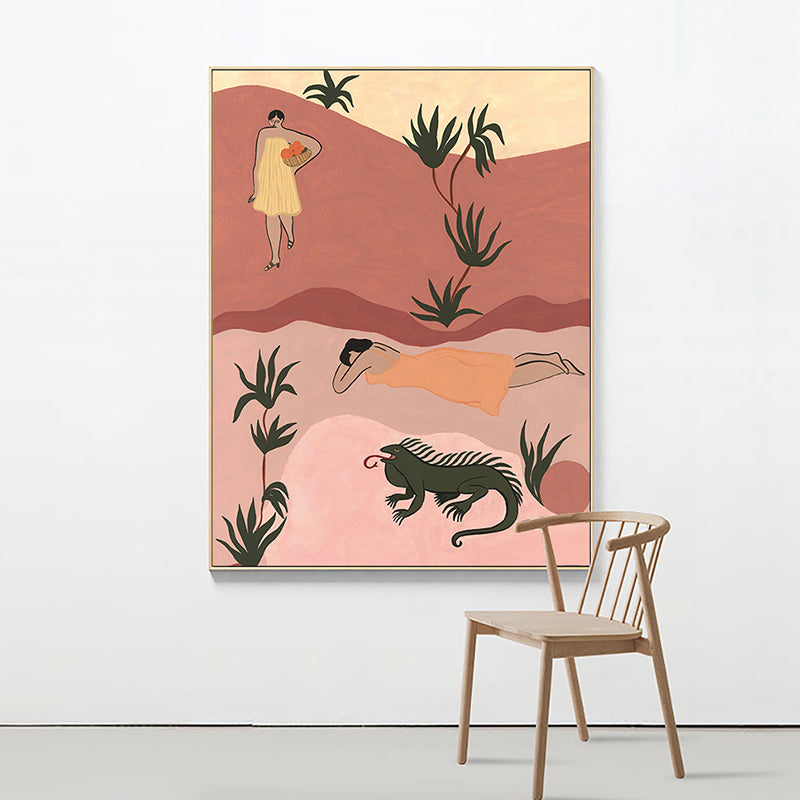 Vivolux | Pop Art Sonnebadende Frauen Leinwanddruck Orange Texturiertes Wanddekor für Hausinterieur