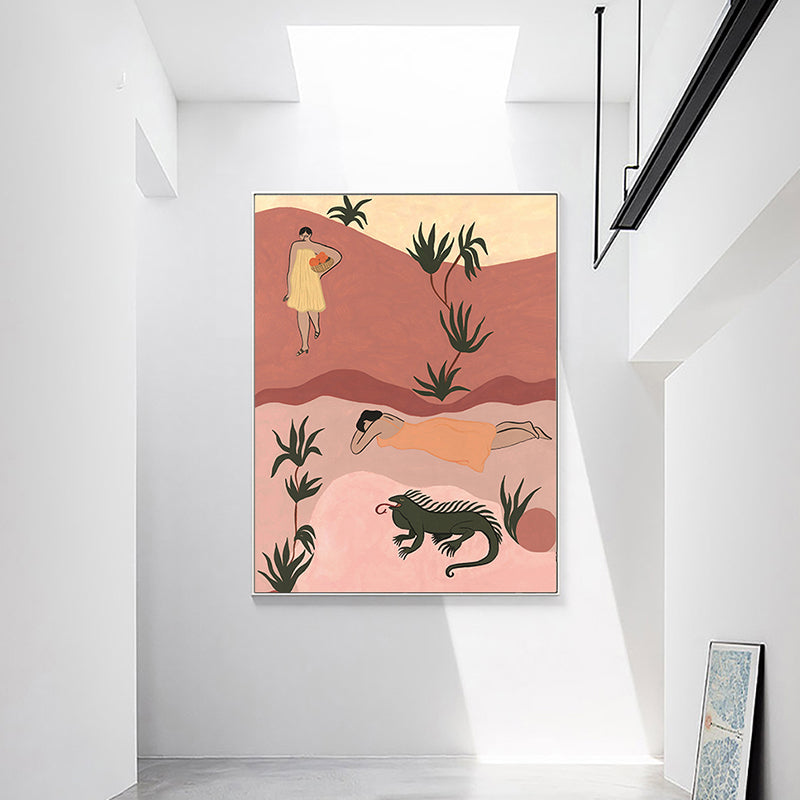 Vivolux | Pop Art Sonnebadende Frauen Leinwanddruck Orange Texturiertes Wanddekor für Hausinterieur