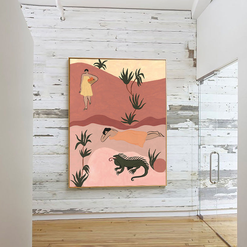 Vivolux | Pop Art Sonnebadende Frauen Leinwanddruck Orange Texturiertes Wanddekor für Hausinterieur