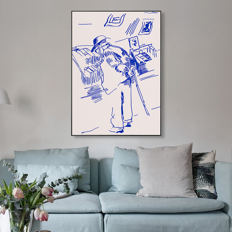 Vivolux | Pen Skizze Buchhandlung Opa Leinwand Schlafzimmer Illustration Figur Wandkunst in Blau für Dekor