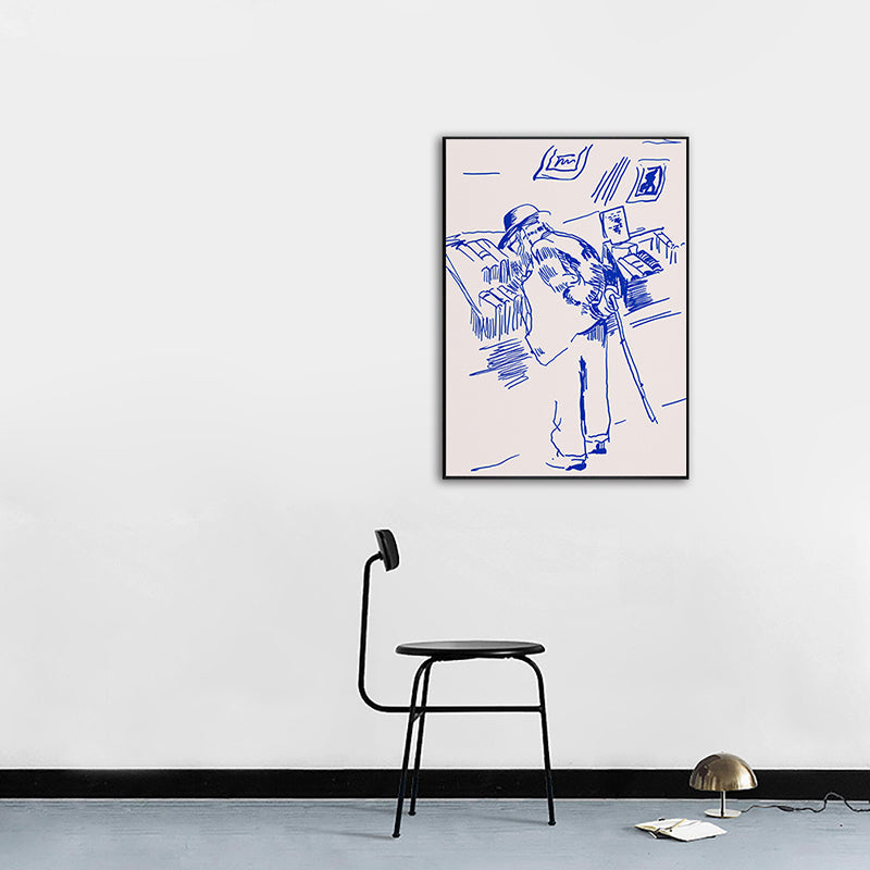 Vivolux | Pen Skizze Buchhandlung Opa Leinwand Schlafzimmer Illustration Figur Wandkunst in Blau für Dekor