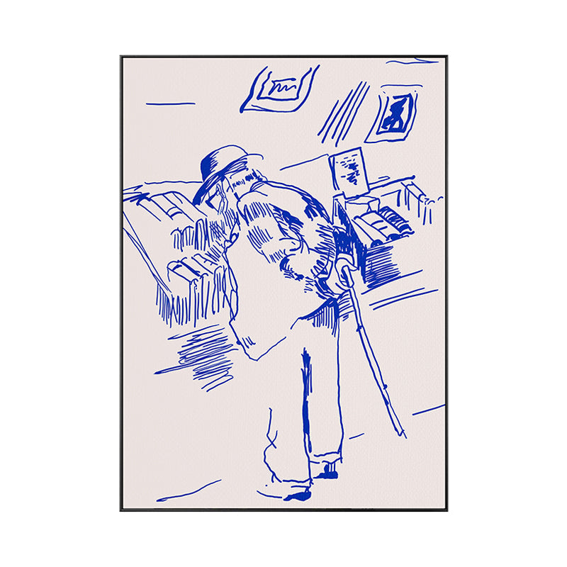 Vivolux | Pen Skizze Buchhandlung Opa Leinwand Schlafzimmer Illustration Figur Wandkunst in Blau für Dekor
